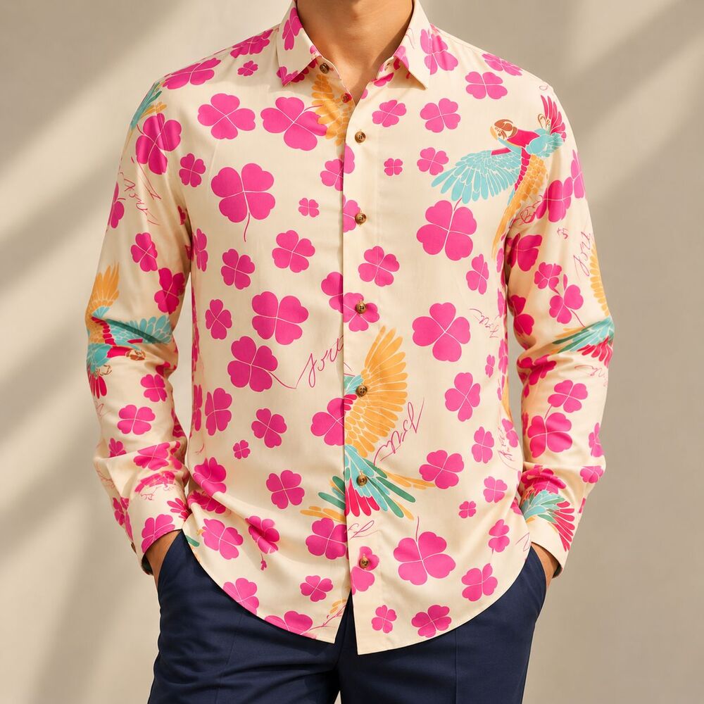 Mens Large Pink Cream Floral Bird Viscose Shirt Long Sleeve Retro Boho Button Up